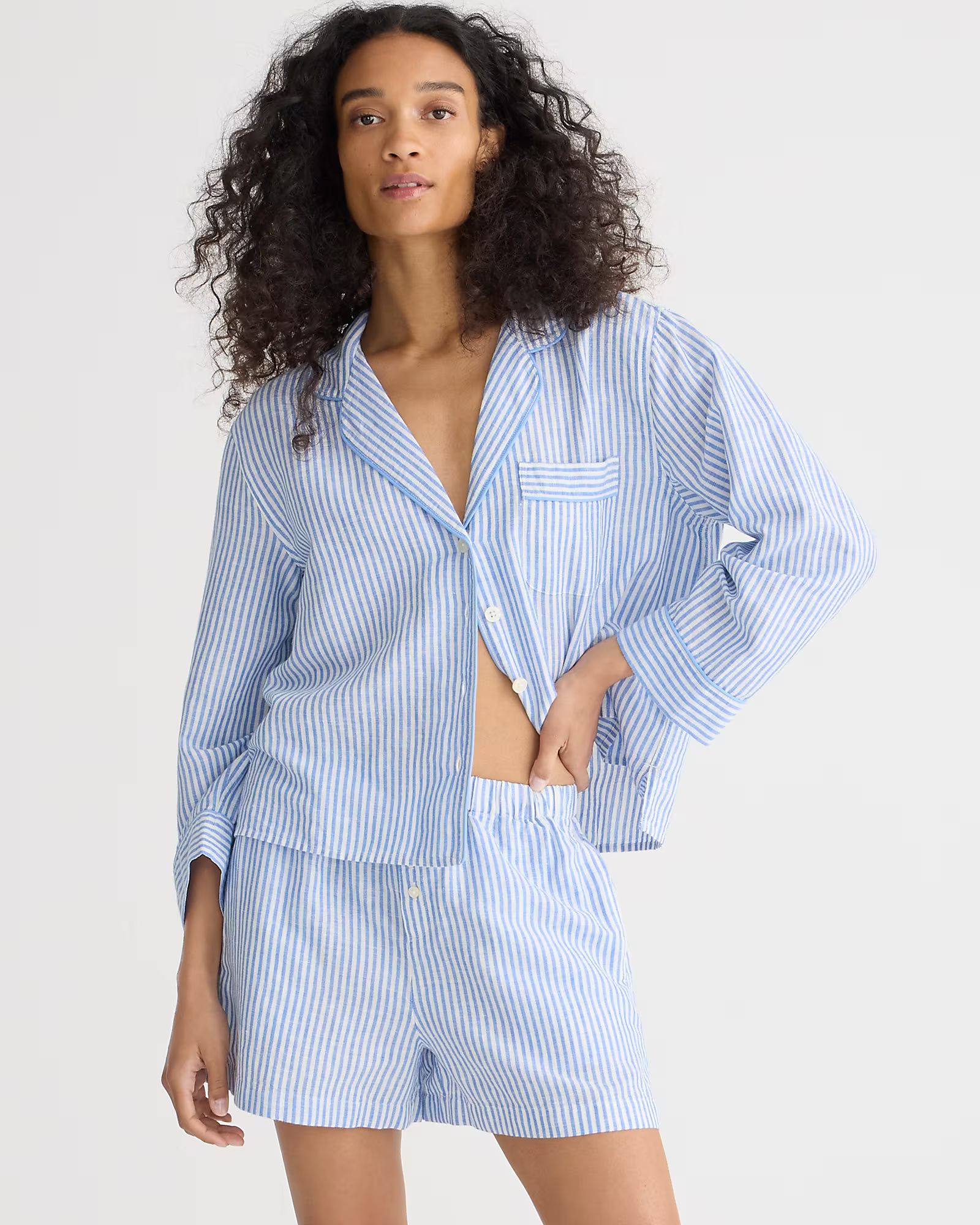 Long-sleeve pajama short set in striped linen-cotton blend | J. Crew US