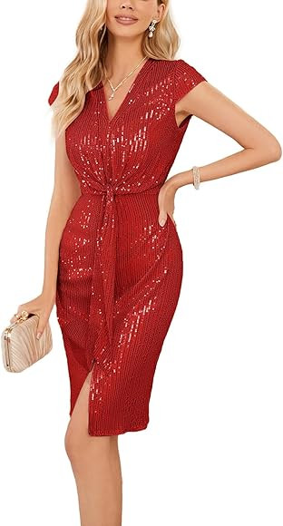 GRACE KARIN Sequin Sparkly Dresses for Women Glitter Front Tie Cap Sleeves V Neck Midi Bodycon Co... | Amazon (US)