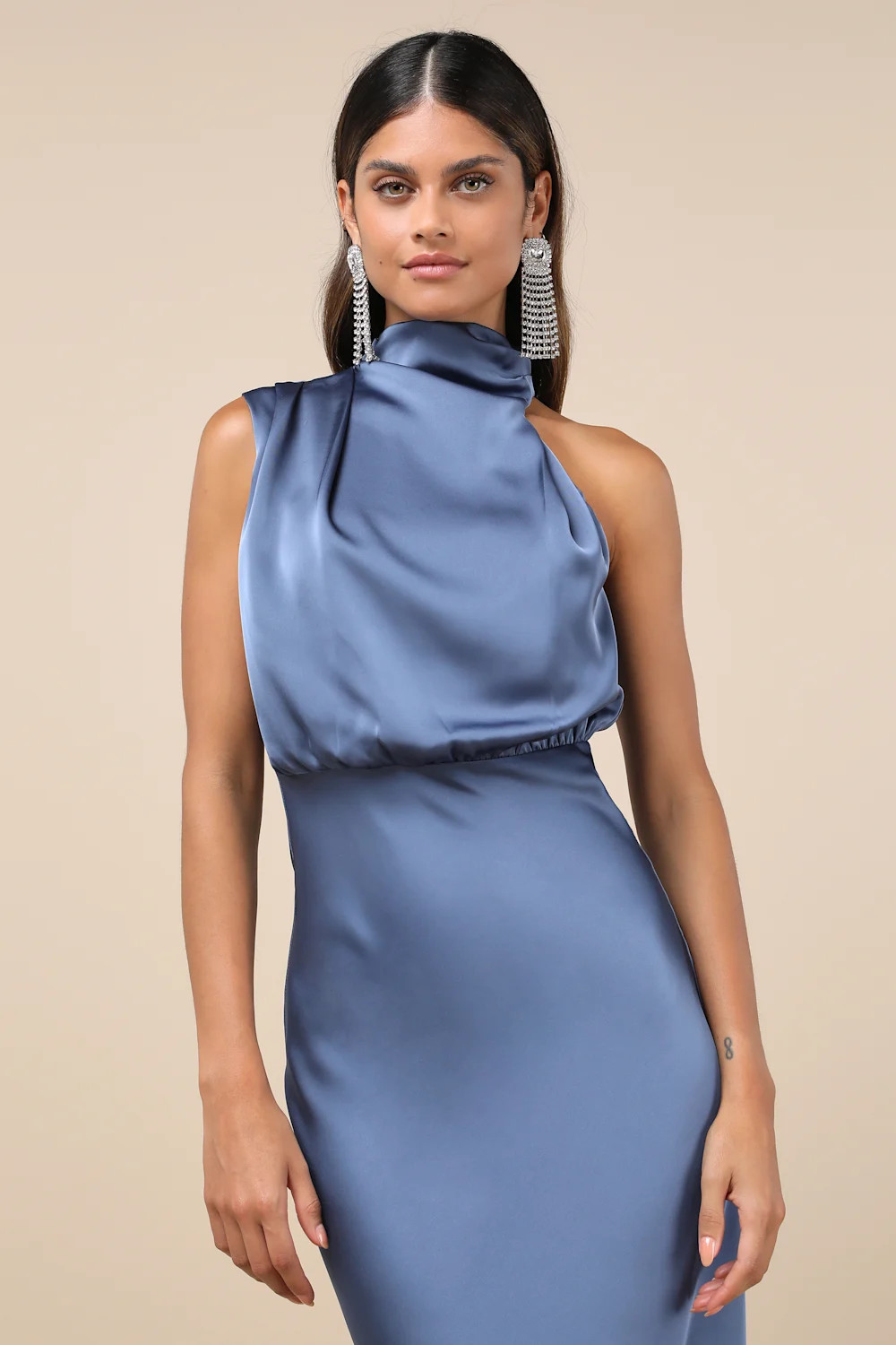 Distinctive Charm Slate Blue Satin Asymmetrical Midi Dress | Lulus