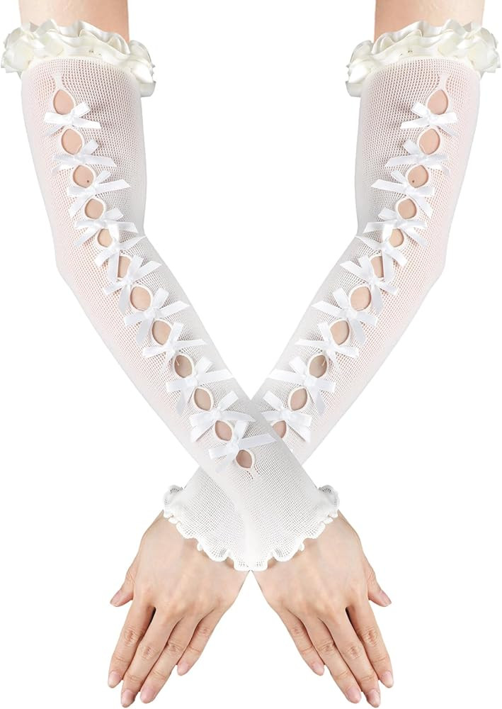 Lusofie Fingerless Lace Gloves Women With Bow Long Arm Warmers Y2k for Lolita Dress Mesh Ruffles ... | Amazon (US)
