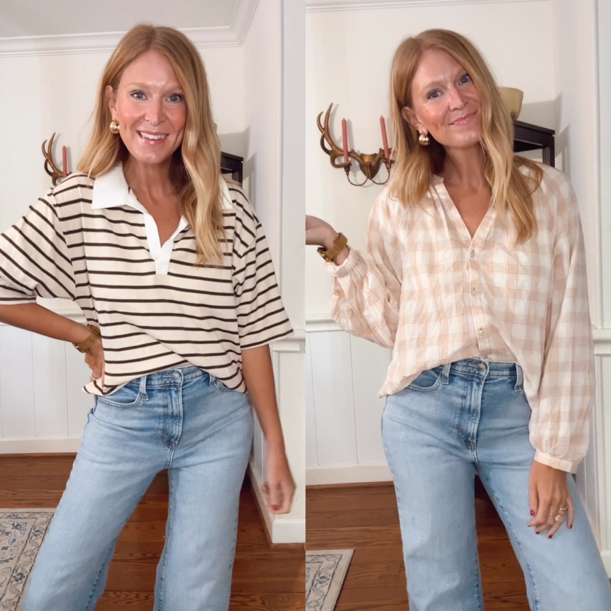 30% off tops at target! And the most flattering jeans ever! In an 8 in the jeans. 
Size M in the tops.