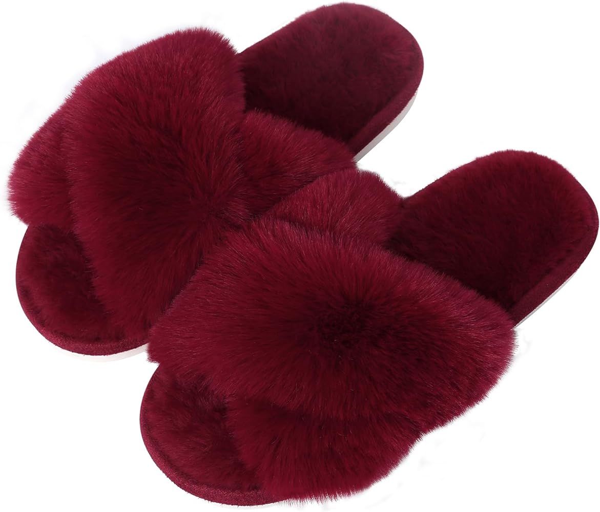 Evshine Women's Fuzzy Slippers Cross Band Memory Foam House Slippers Open Toe | Amazon (US)