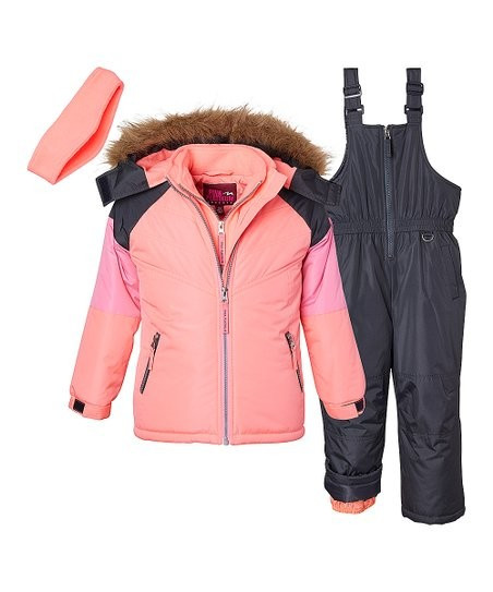 Coral & Pink Color Block Faux Fur-Trim Hooded Jacket Set - Toddler & Girls | Zulily