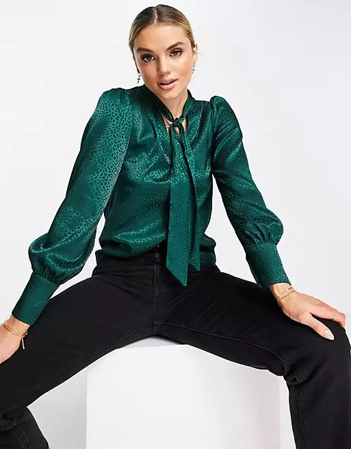 River Island satin pussybow blouse in green | ASOS (Global)