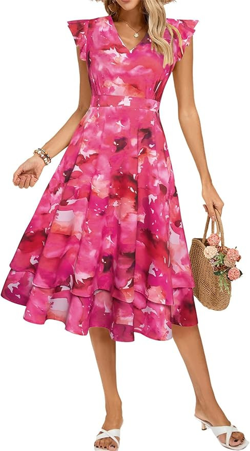 Kate Kasin Womens Dresses Summer Short Sleeve Ruffle Floral V Neck Flowy Aline Casual Tiered Wedd... | Amazon (US)