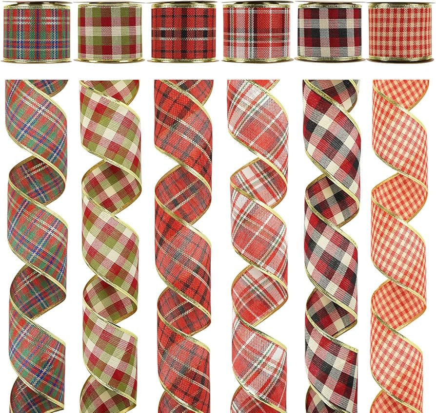 MEEDEE Buffalo Plaid Ribbon - 2.5 Inch, 6 Rolls, 36 Yards Wired Christmas Tree Ribbon for Wreath ... | Amazon (US)