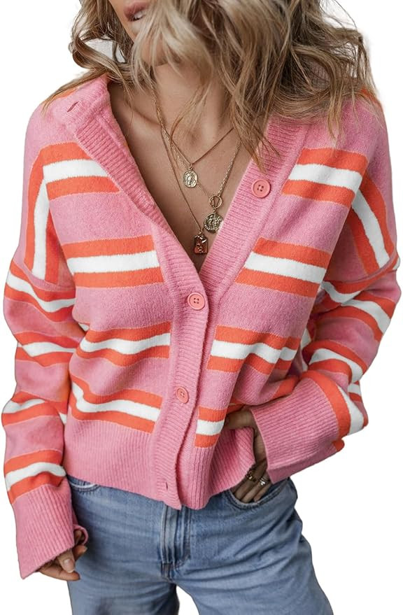 EVALESS Womens Cropped Striped Chunky Knit Cardigans Sweaters Trendy Long Sleeve Lightweight Open... | Amazon (US)