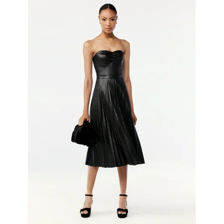 Scoop Women s Faux Leather Strapless Pleated Midi Dress | Walmart (US)