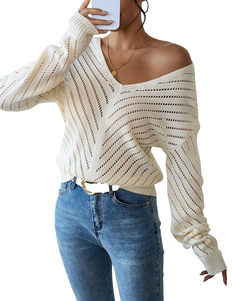Womens Sexy Off The Shoulder Sweater Spring 2025 Trendy Lightweight Cute Crochet Knit Hollow Out ... | Amazon (US)