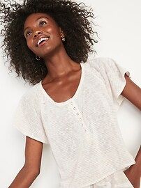 Loose Linen-Blend Jersey Crop Henley T-Shirt for Women | Old Navy (US)