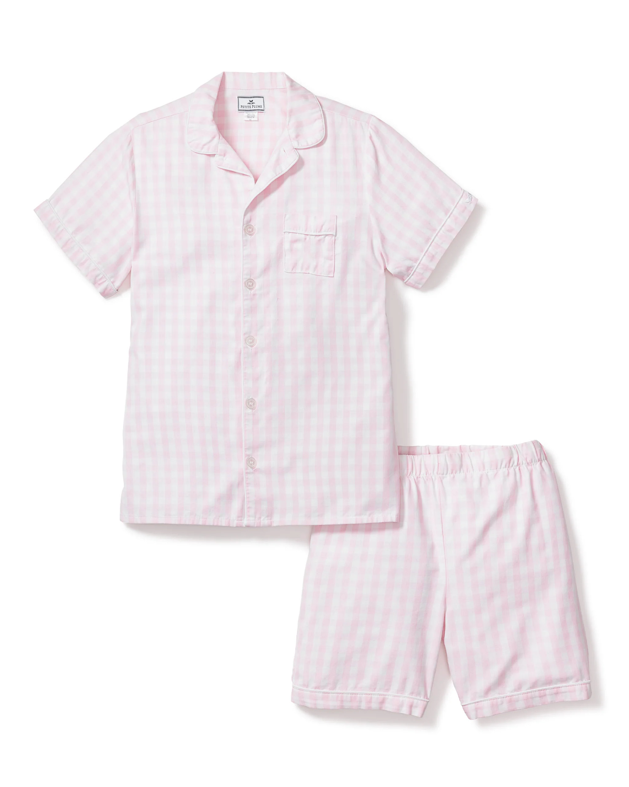 Kid's Twill Pajama Short Set in Pink Gingham | Petite Plume