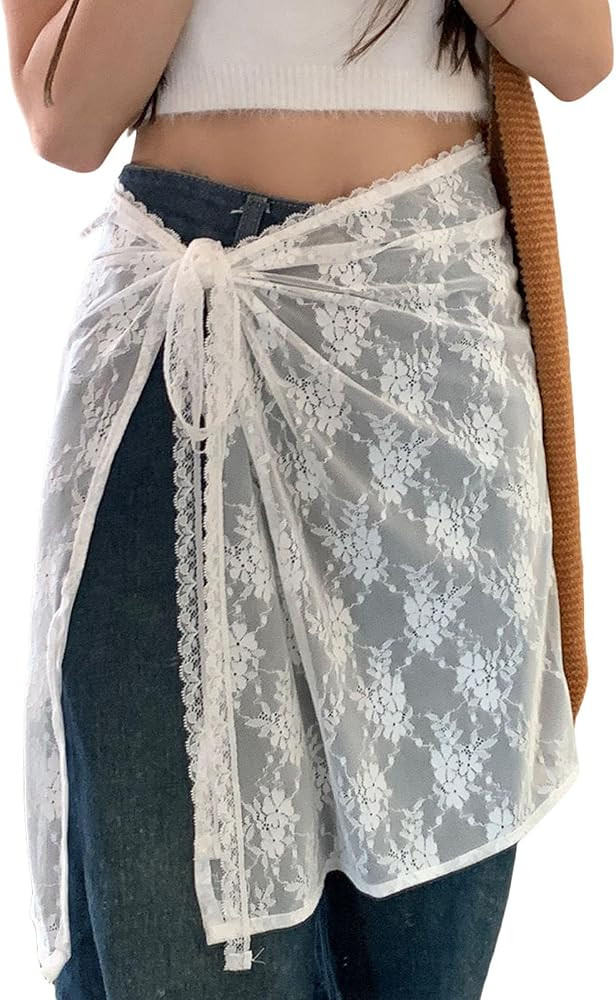 Women Lace Cover Up Skirt Y2k Hip Scarf Belt Tie Side Sheer Lace Wrap Skirt Asymmetrical Flowy La... | Amazon (US)