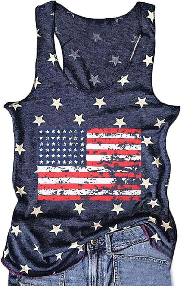 Binshre USA Flag Print Tank Tops Women American Stars Stripes Patriotic T Shirt Summer Casual Ves... | Amazon (US)