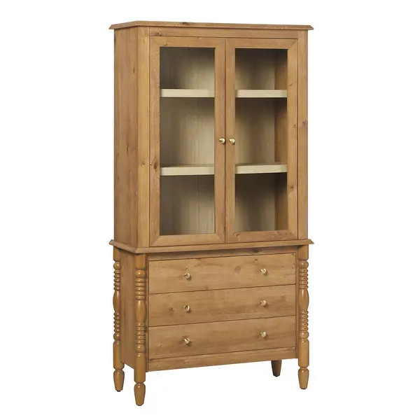 Turned Wood Spindle Glass Cabinet Bookcase with Drawer Storage - English Oak | Bed Bath & Beyond