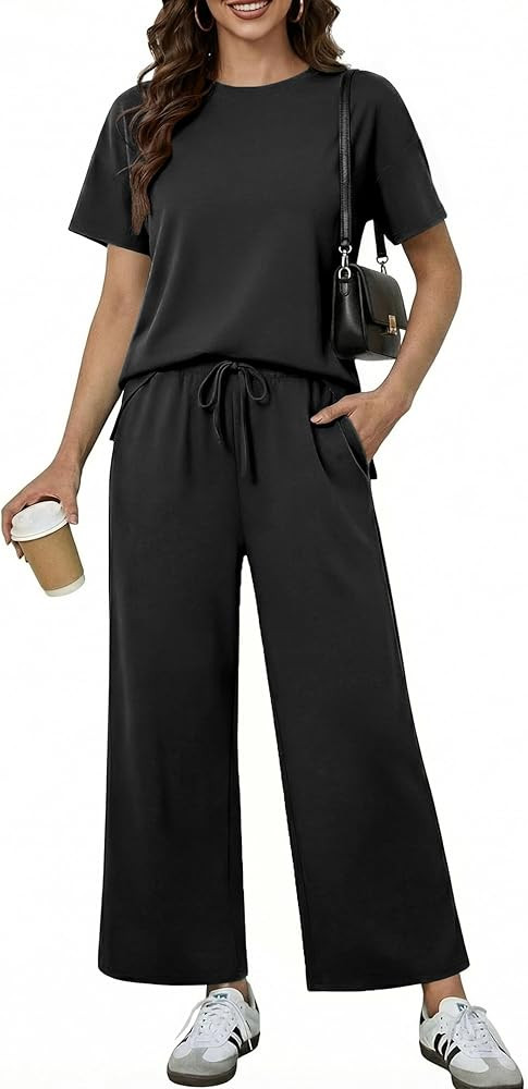 PINSPARK Soft 2 Piece Sets for Women Short Sleeve Matching Lounge Set Wide Leg Pants Tracksuit Tr... | Amazon (US)