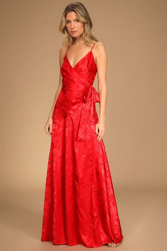 Right For Romance Red Floral Jacquard Satin Wrap Maxi Dress | Lulus (US)