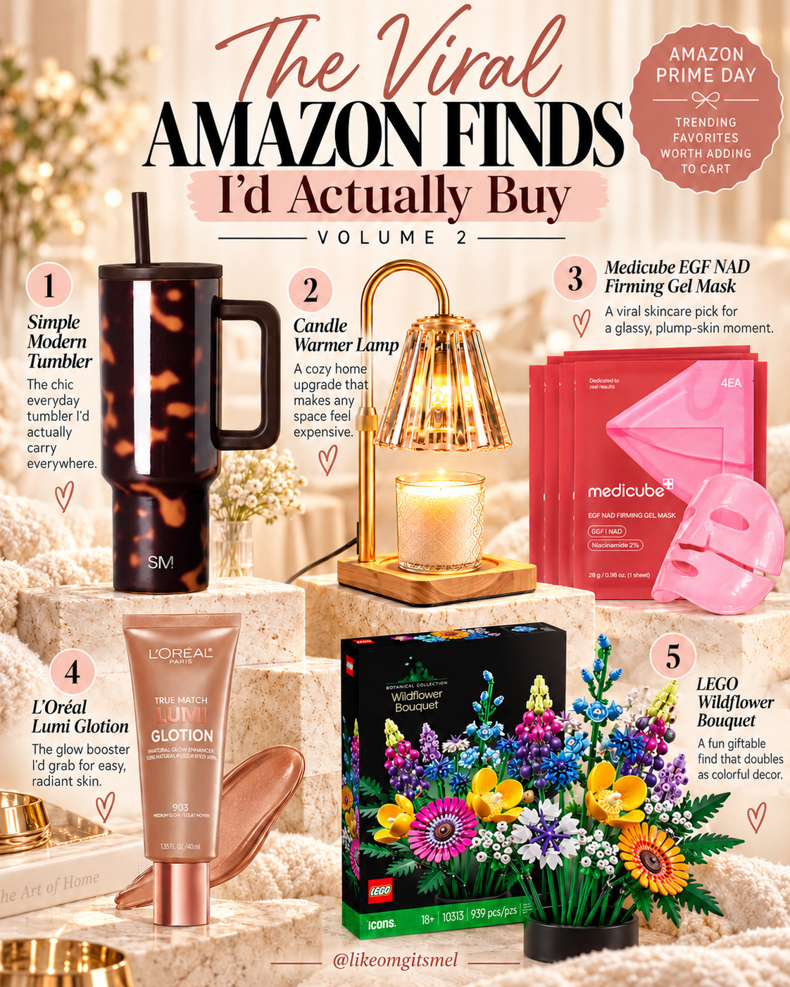 More viral Amazon finds that are actually worth the hype. 👀 Prime Big Deal Days are Oct. 6–7, and these trending Amazon favorites are the ones I’d have sitting in my cart waiting for a price drop.

🥤 Simple Modern Trek Tumbler in Tortoise — cute everyday tumbler you’ll carry everywhere  
🕯️ Candle Warmer Lamp — cozy Amazon home find that instantly upgrades a room  
🩷 Medicube EGF NAD Firming Gel Mask — viral K-beauty skincare pick for a glassy, plump-skin moment  
✨ L’Oréal True Match Lumi Glotion — drugstore glow booster for easy, radiant skin  
🌸 LEGO Icons Wildflower Bouquet — bestselling giftable find that doubles as colorful home decor  

A little beauty, home + everyday Amazon goodness — basically the viral finds that make it dangerously easy to hit “add to cart.” 🛒

🛍️ Prime Big Deal Days: Oct. 6–7. Add your favorites to cart now + check them first when the Amazon deals go live!

Everything is Linked! ↓

#LTKActive #LTKSaleAlert #LTKTravel