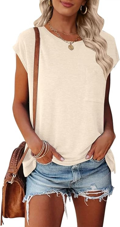 MEROKEETY Women's Casual Cap Sleeve T Shirts Basic Summer Tops Loose Solid Color Blouse with Pock... | Amazon (US)