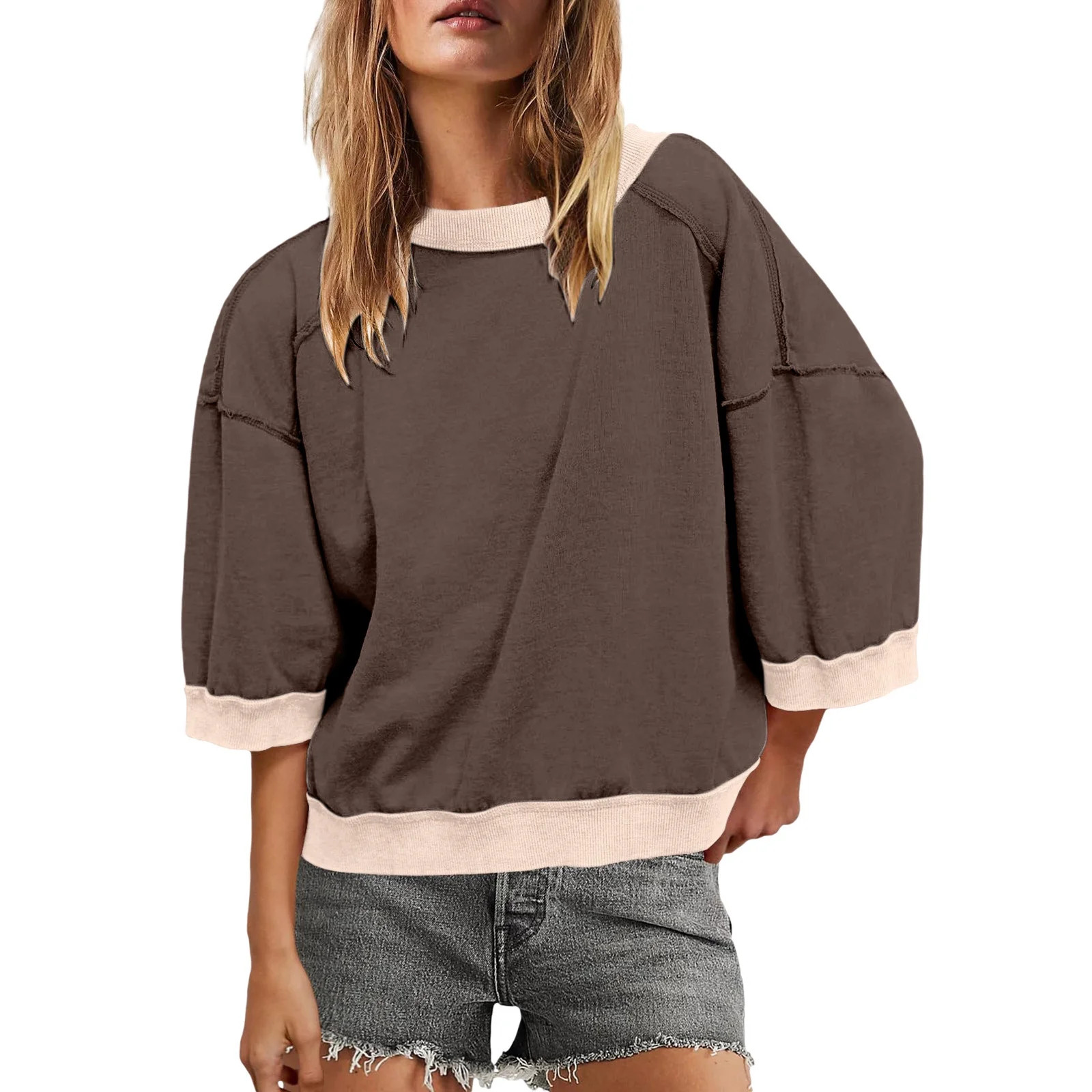 Yangnuo Womens Fashion Sweatshirts Womens Crewneck Short Sleeve Sweatshirt 3/4 Sleeve Tops Color ... | Walmart (US)
