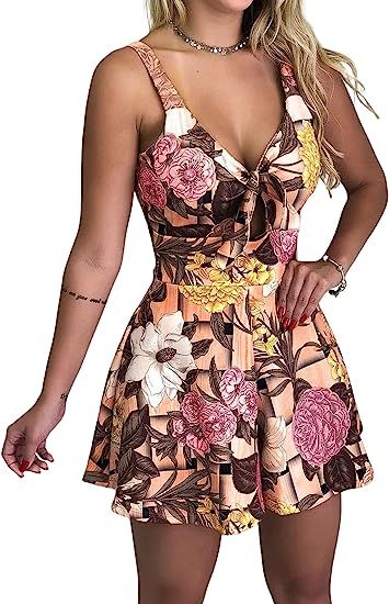 Relipop Women's Jumpsuits Floral Print Spaghetti Straps Sleeveless V Neck Front Tie Knot Rompers | Amazon (US)