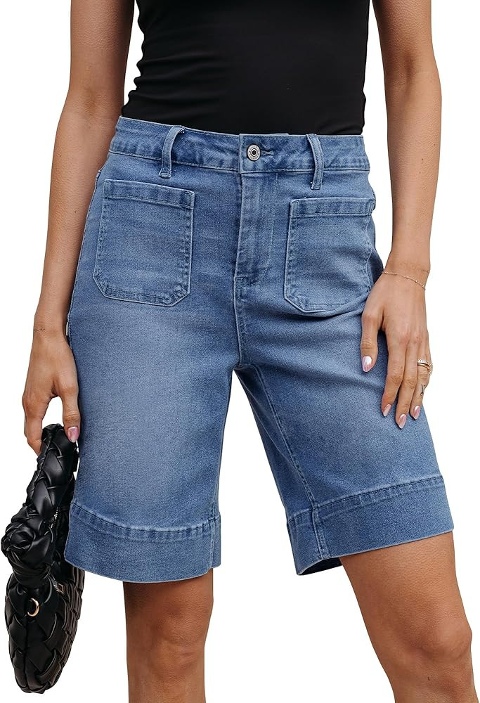 luvamia Bermuda Shorts for Women High Waisted Trendy Patch Pocket Casual Vintage Long Stretchy De... | Amazon (US)