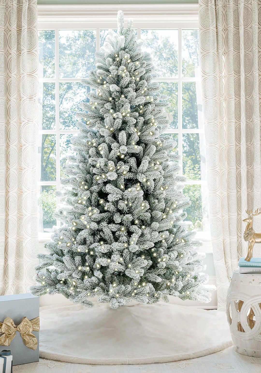 9' King Flock® Artificial Christmas Tree with 1100 Warm White LED Lights | King of Christmas