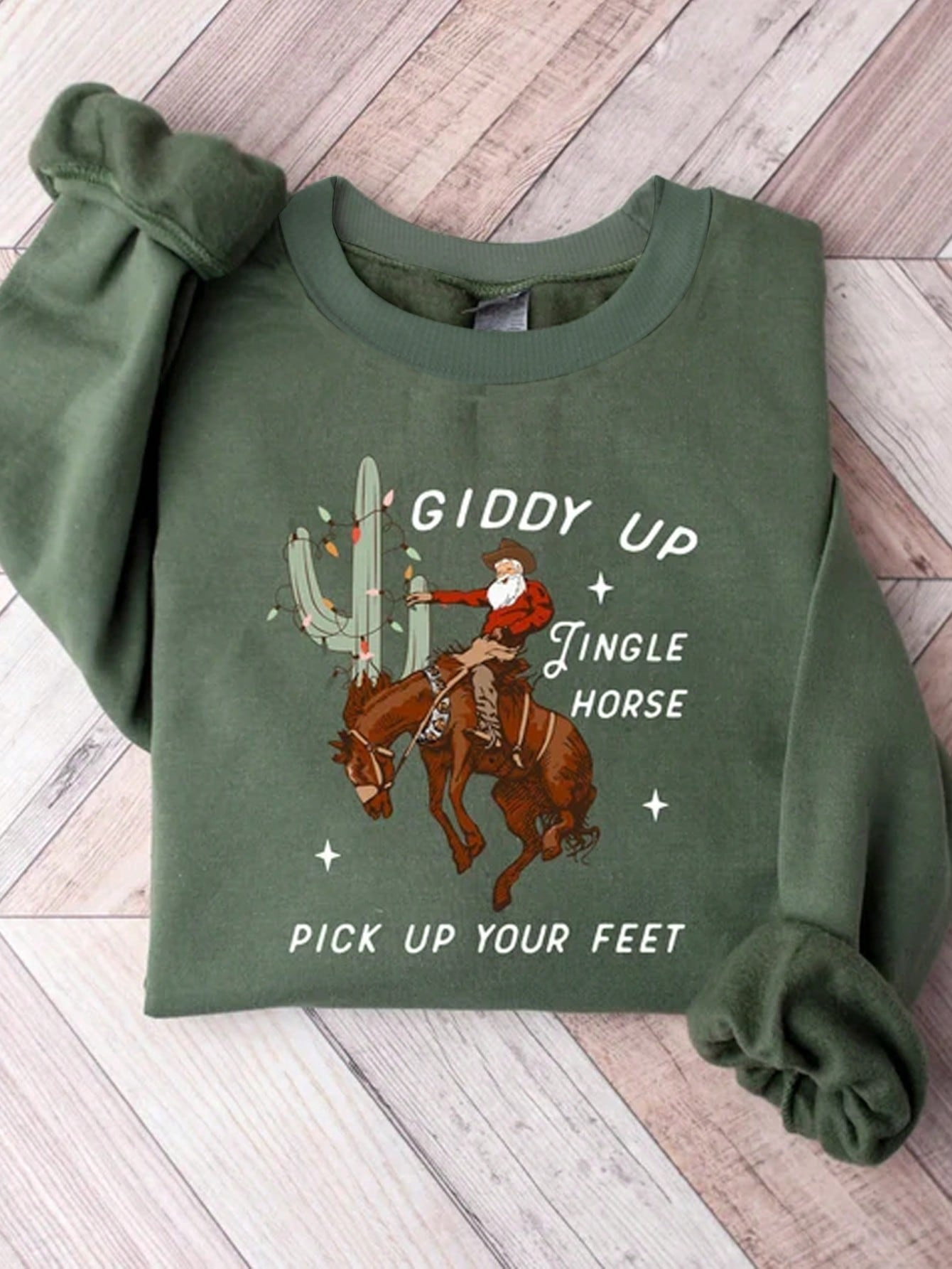 SHEIN LUNE Western Cowboy Christmas "Giddy Up Jingle Horse Pick Up Your Feet" Graphic Round Neck ... | SHEIN