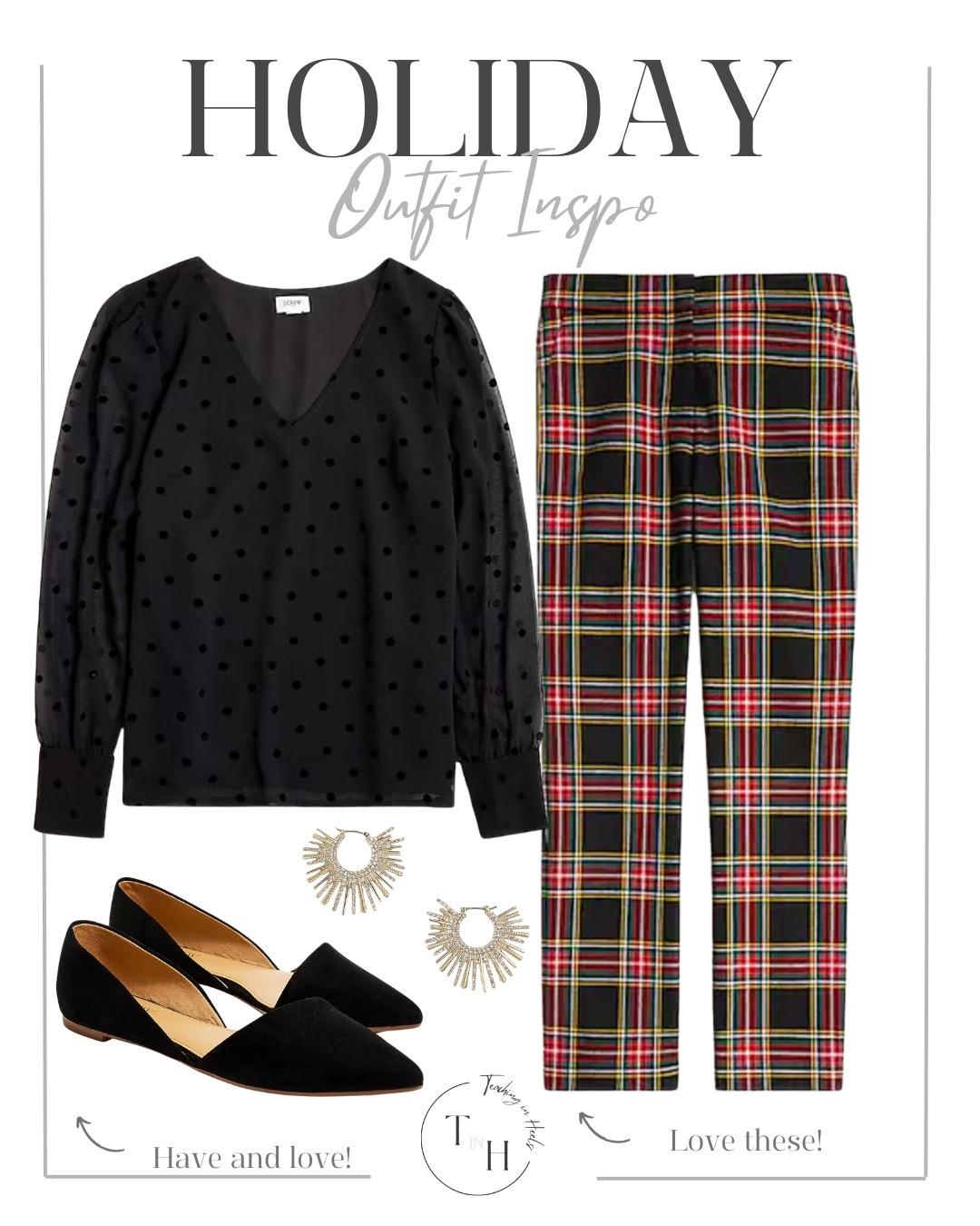 Chiffon dotted top  tartan pants  black flats  statement earrings  casual holiday OOTD  holiday ootd  holiday theme outfit  teacher style  teacher work style workwear  business casual  business office outfit  teacher ootd  teacherfit   ootd  shirt trendteacher  teacher outfits  teacher



#LTKGiftGuide #LTKSeasonal #LTKHoliday