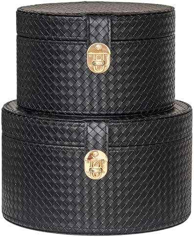 Large Leather Decorative Boxes Set of 2 Round Hat Box Bin Basket with Lid for Shelf Coffee Table ... | Amazon (US)