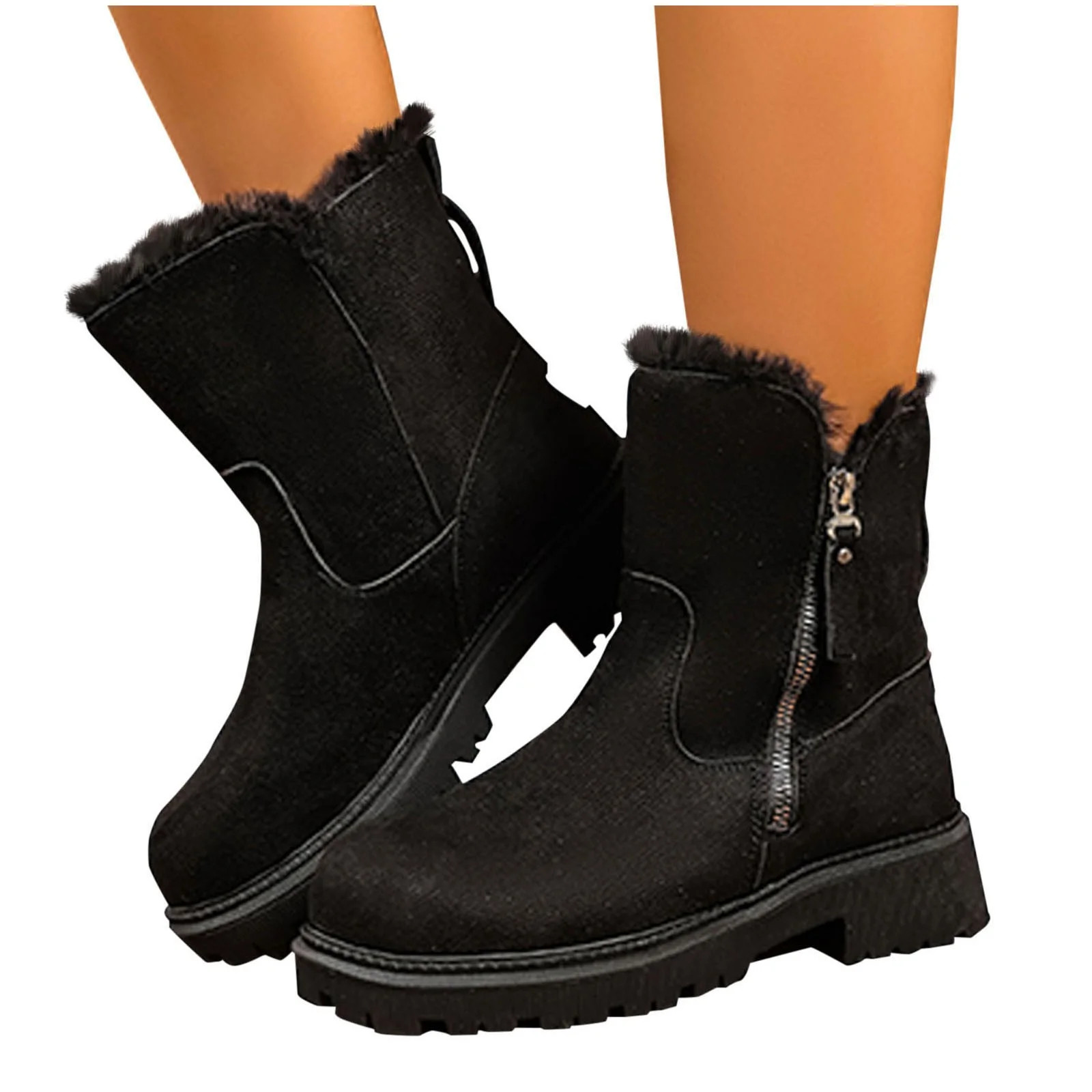 Wensltd Winter Snow Boots for Women Solid Color Warm Plush Fuzzy Ankle Boots Zipper Fall Cozy Sho... | Walmart (US)