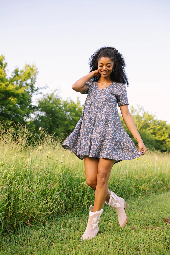 Tracey Blue Floral Button Front Dress | Pink Lily