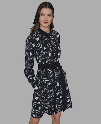 Women's Printed Silky Crepe Belted Shirt Dress | Macy's