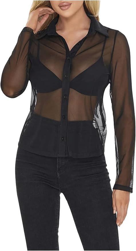 GORGLITTER Women's Sheer See Through Tops Blouse Shirt Long Sleeve Collar Fall Blouses 2024 | Amazon (US)