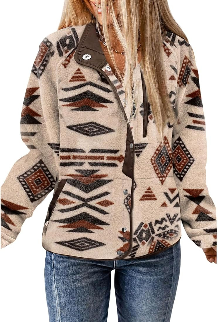 SELINK Womens Fleece Jacket Western Aztec Print Long Sleeve Snap Button Down Shacket Jackets with... | Amazon (US)