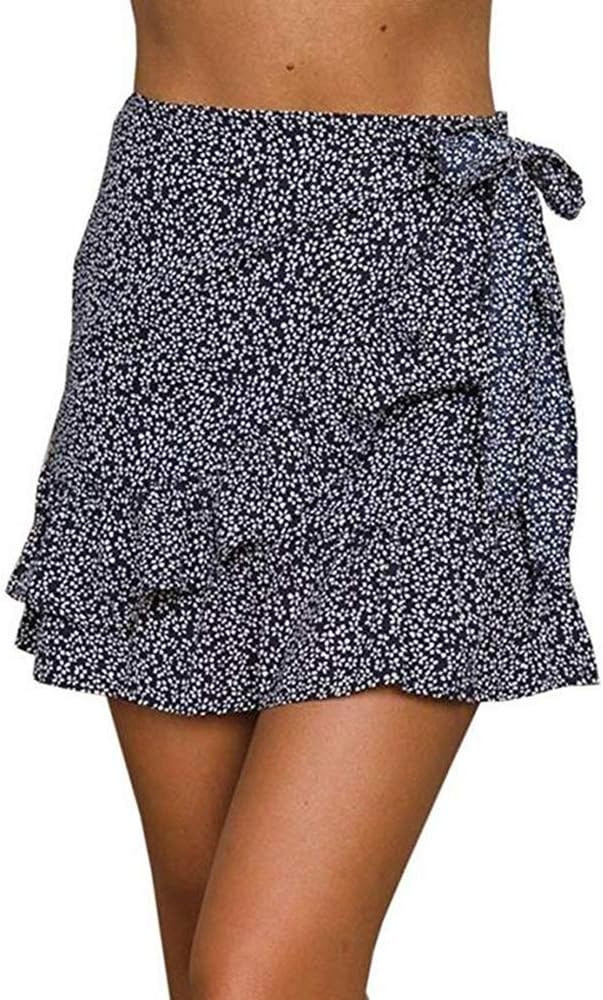 Jeanewpole1 Womens Floral Mini Skirts Wrap Pleated Ruffle Hem Cute Beach A Line Short Skirts | Amazon (US)