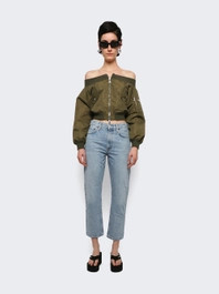 Off-the-shoulder Cropped Bomber Jacket Khaki Green | The Webster