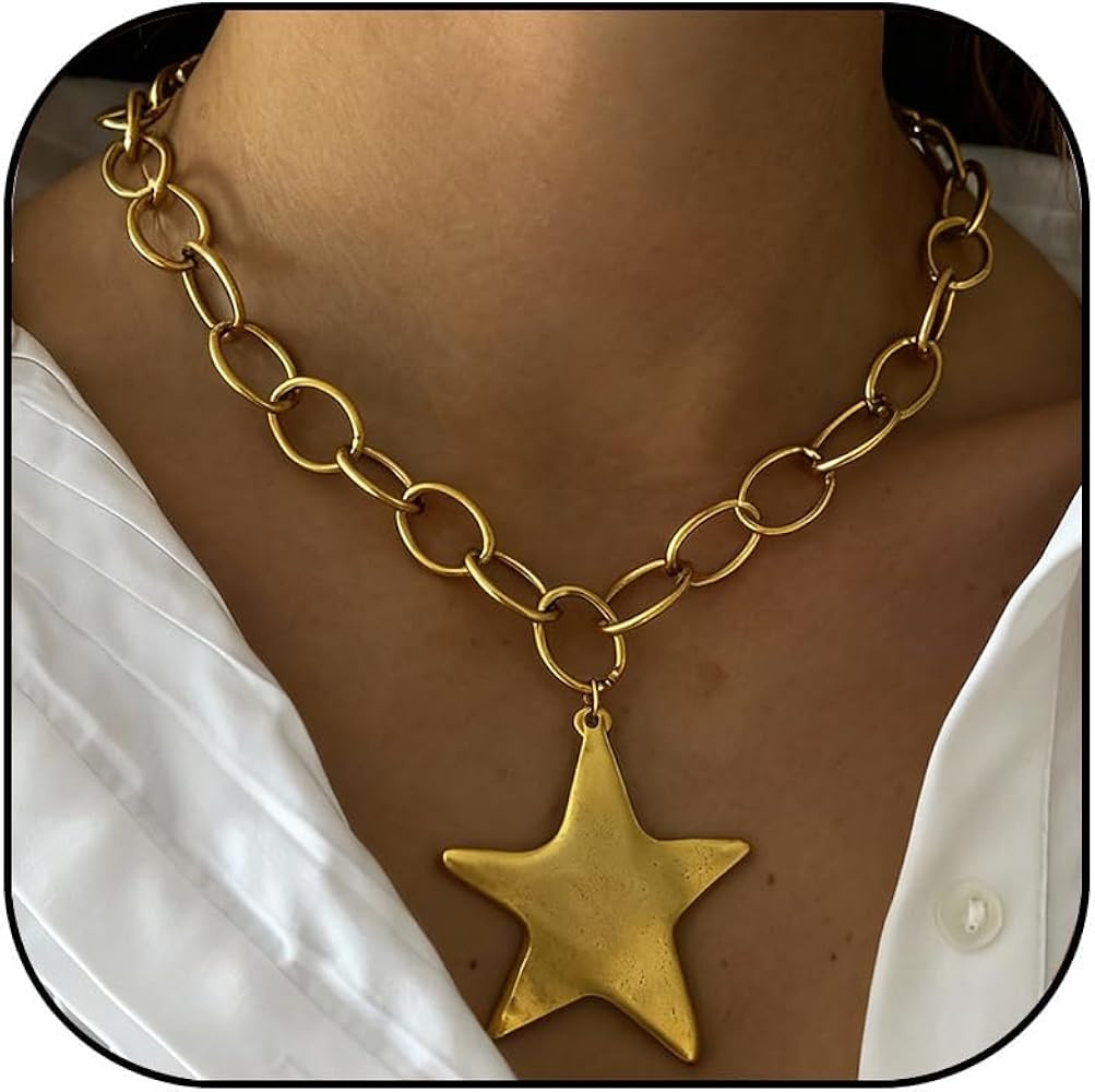Chunky Gold Star Necklace for Women Big Star Statement Necklace Thick Pentagram Geometric Pendant... | Amazon (US)
