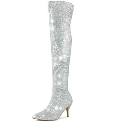 Perphy Women's Glitter Pointed Toe Size Zip Stiletto Heels Over the Knee Dress Boots 9 Silver | Target