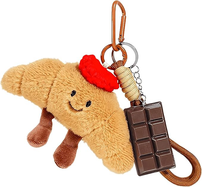 Croissant Keychain - Cute Plush Croissant Bag Charm with Red Hat and Chocolate Bar, Novelty Food ... | Amazon (US)