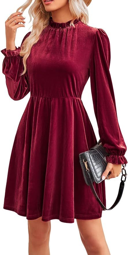 Jayscreate Women's 2023 Velvet Dress Elastic Waistline Fall Long Sleeve Wedding Guest Short Wrap ... | Amazon (US)