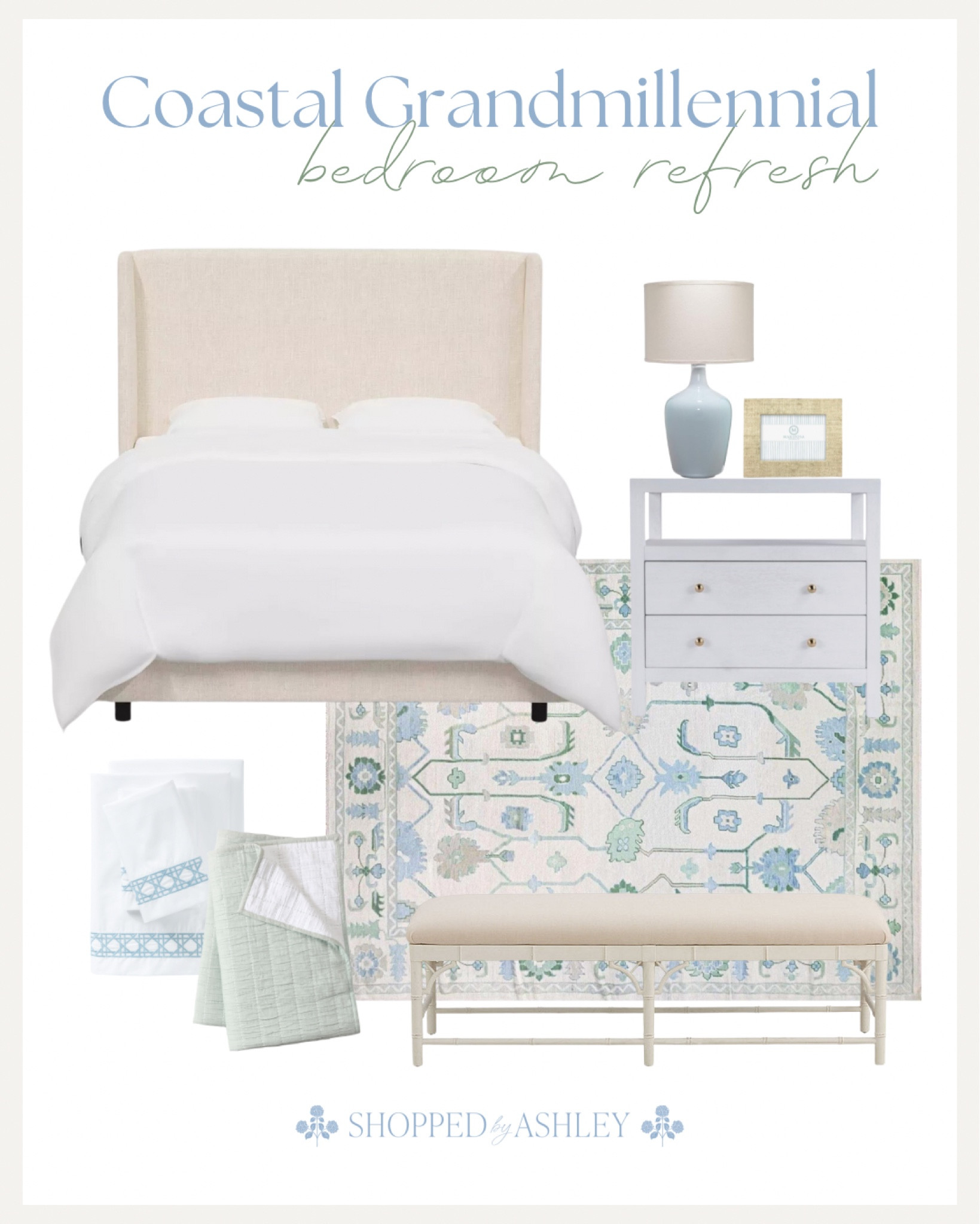 Coastal Grandmillennial bedroom inspiration ✨

Blue and white, blue and green, oushak style rug, Amazon home, Amazon find, found it on Amazon, Target home, Target style, white bedding, white nightstand, blue lamp, Ballard designs, end of bed bench, coastal grandmother, beach house furniture 

#LTKStyleTip #LTKHome