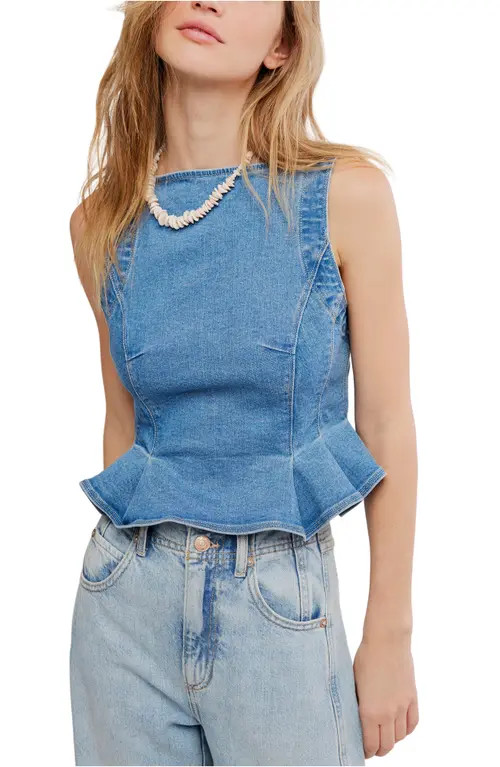 Free People Sunfaded Denim Crop Peplum Top in Steel Blue at Nordstrom, Size Medium | Nordstrom