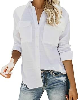 Womens Casual Button Down Long Sleeve Shirts V Neck Roll Up Cuffed Sleeve Work Solid Blouse Tops ... | Amazon (US)