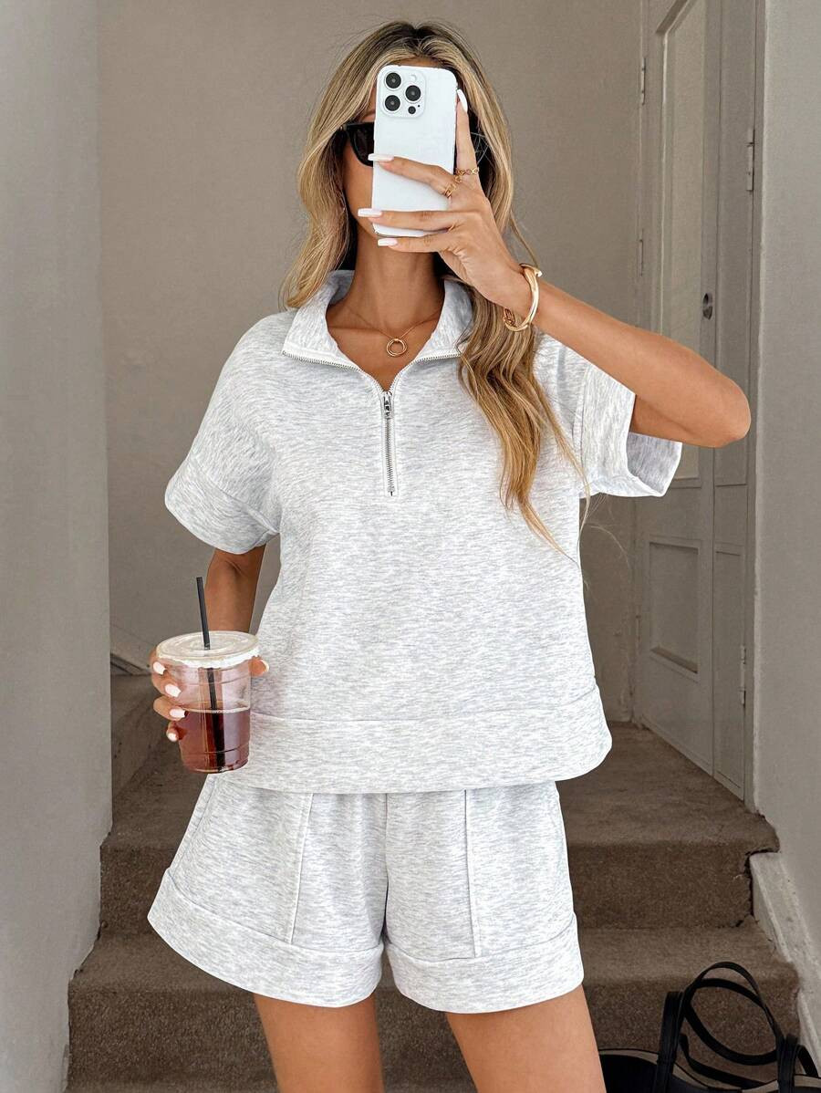 Easowa 2pcs/Set Women Light Grey Summer Casual Lounge Brunch,Zipper Polo Collar Top And Wide Leg ... | SHEIN