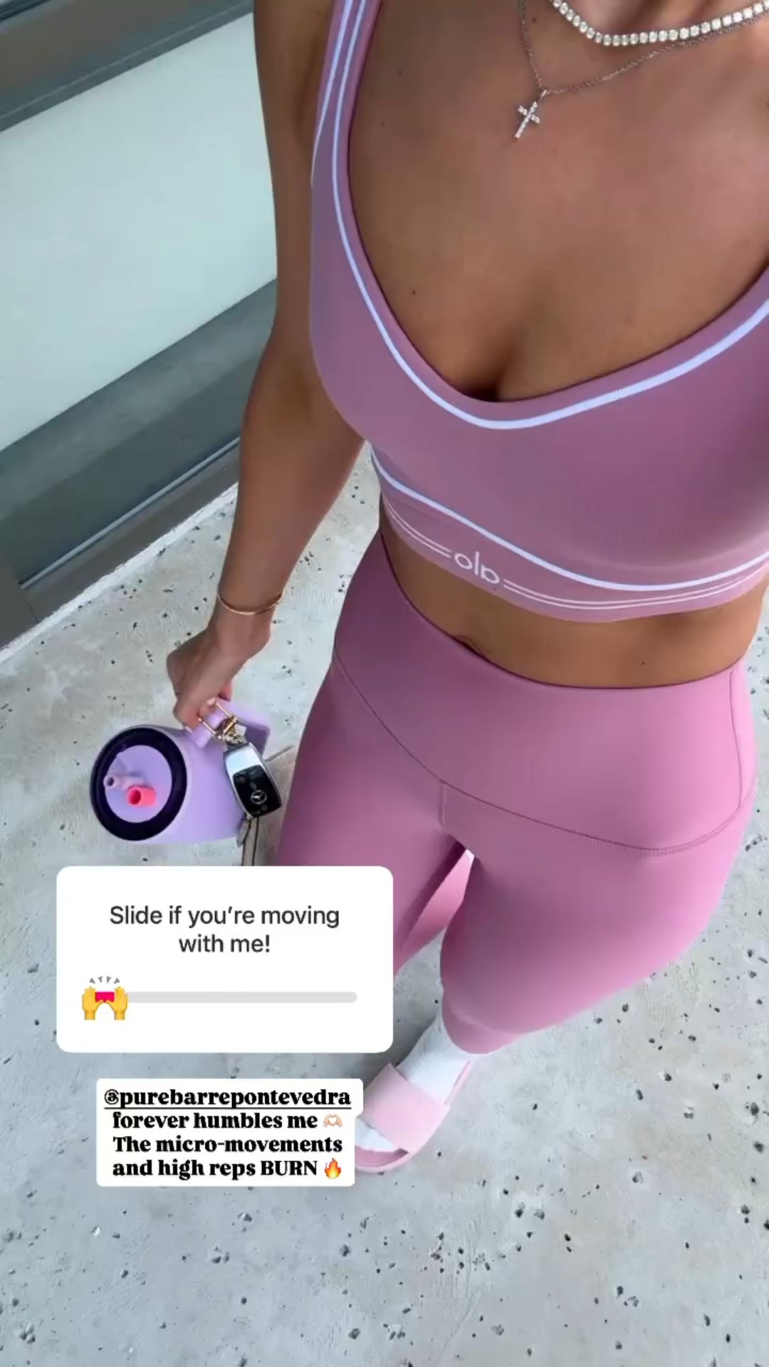 New alo yoga matching set. Sports bra and leggings in XXS. Leggings have amazing compression and don’t slip down my waist! Lululemon slide sandals. Brumate era 40 oz lavender. @purebarrepontevedra forever humbles me 🫶🏻 The micro-movements and high reps BURN 🔥

#LTKFindsUnder100 #LTKShoeCrush #LTKActive