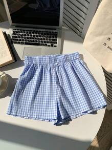 SHEIN EZwear Women's Elastic Waist Plaid Shorts | SHEIN