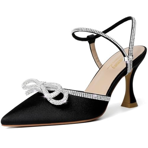 Susanny Black Heels for Women Kitten Low Dressy Bow Rhinestone Heels Evening Party Ankle Strap Closed Toe Pumps Office Dress Wedding Heeled Prom Shoes 10 | Amazon (US)