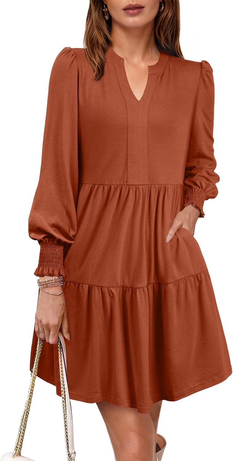 Spring Dresses for Women 2026 Casual V Neck Long Sleeve A Line Midi Dress Ruffle Flowy with Pockets | Amazon (US)