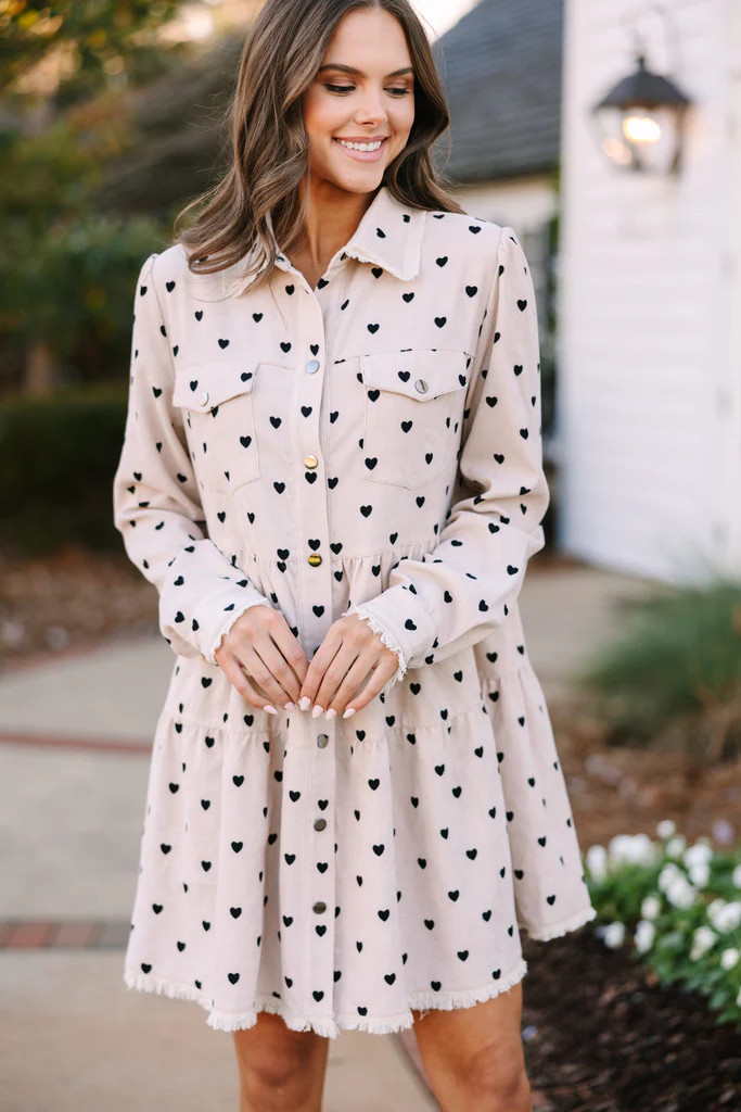 Just So You Oatmeal Brown Heart Print Babydoll Dress | The Mint Julep Boutique