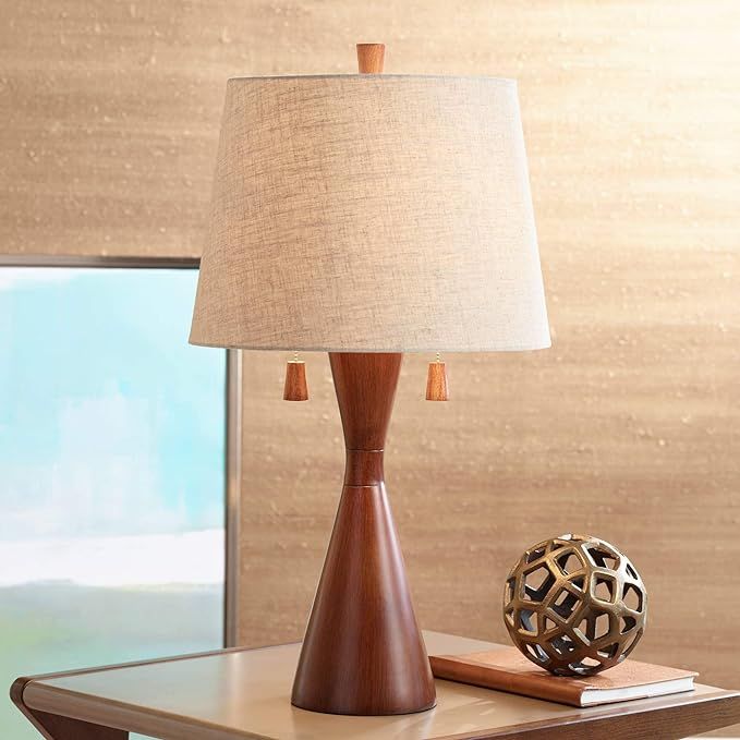 Omar Modern Contemporary Table Lamp 28.75" Tall Warm Brown Wood Hourglass Oatmeal Fabric Tapered ... | Amazon (US)